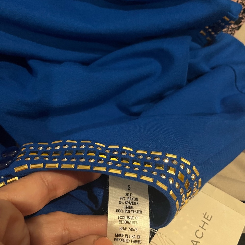 Cache Royal Blue Mini Dress with Gold Embellishments. NWT - Picture 6 of 7